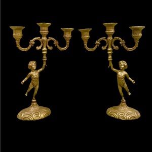 Pair of Vintage Brass Cherub Boy Candlesticks Casted/handmade Candle Holders